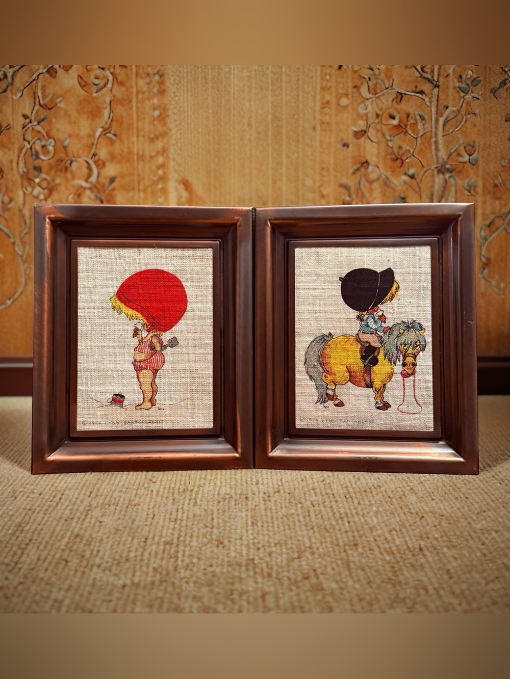 Vintage 1974 Lynn Santarlasci Burlap Serigraph Prints-Retro Set of 2 Framed Art